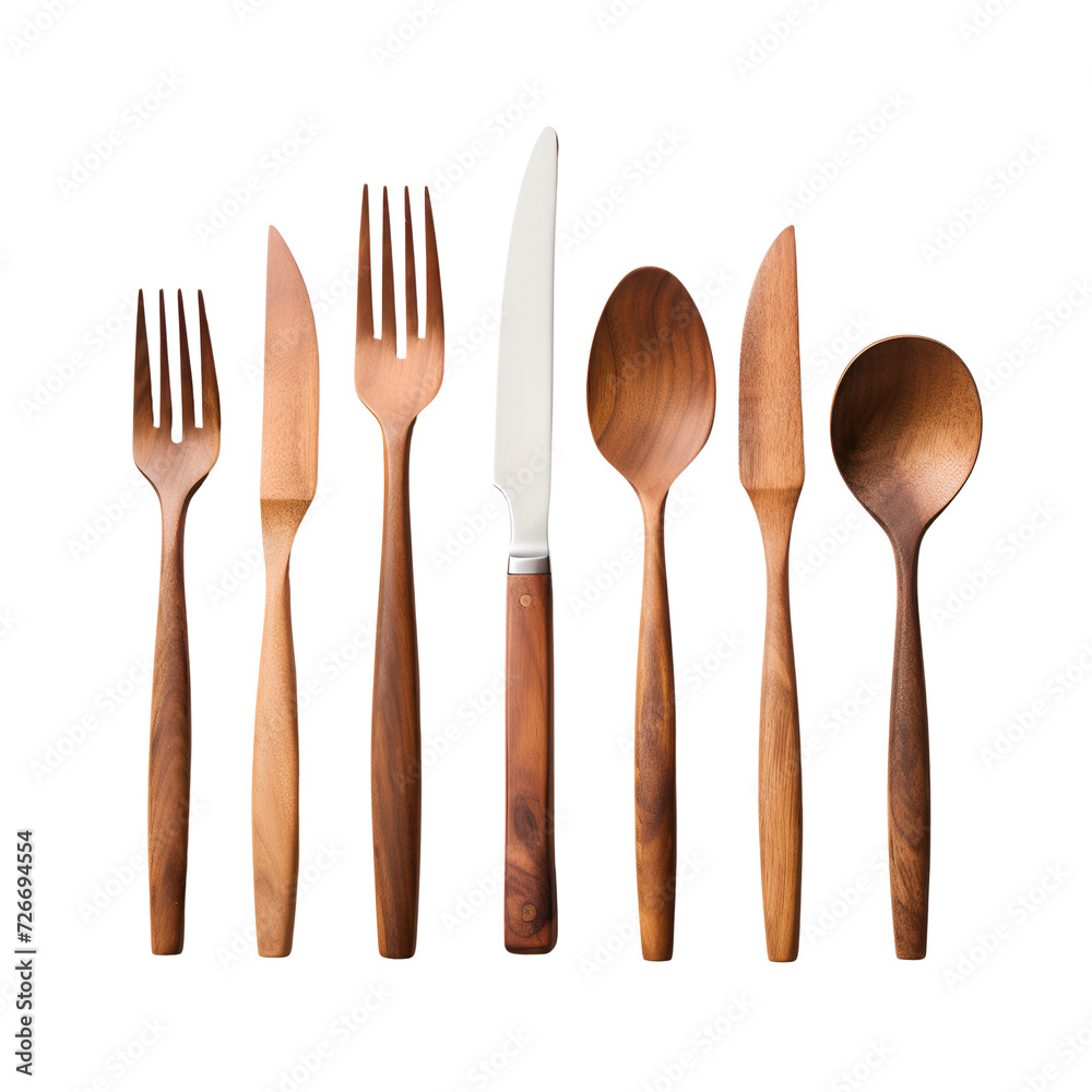 Artwork Design Mockup Featuring Wooden Cutlery Set: Spoon, Fork, Knife, Isolated on Transparent Background, PNG