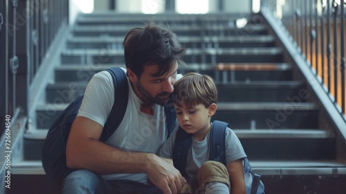 Father consoling his little son on his first day of school, sitting on stair and saying goodbye before school. photo