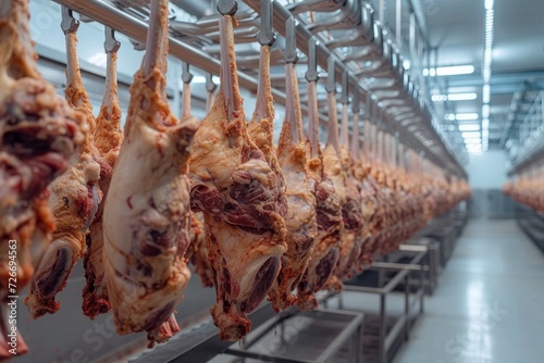 A chilling display of animal fat and meat on hooks in a dark, indoor room, evoking feelings of unease and a reminder of the brutal realities of slaughterhouses and curing processes in the food indust