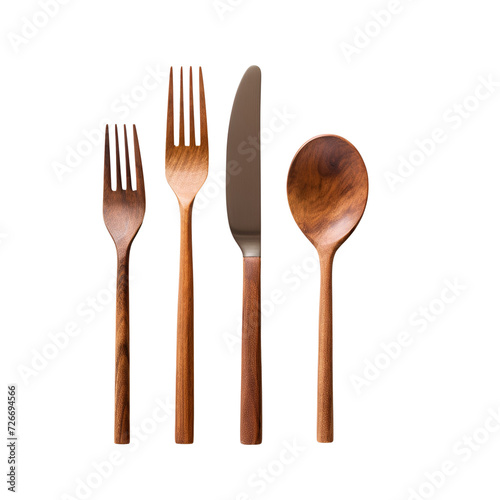 Artwork Design Mockup Displaying Wooden Cutlery Set: Spoon, Fork, Knife, Isolated on Transparent Background, PNG