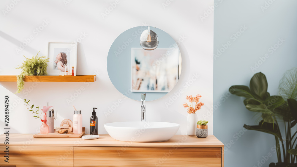 Scandinavian Bathroom interior, Modern white sink wood counter with round mirror. Scandinavian Bathroom interior, Modern white sink wood counter with round mirror.
