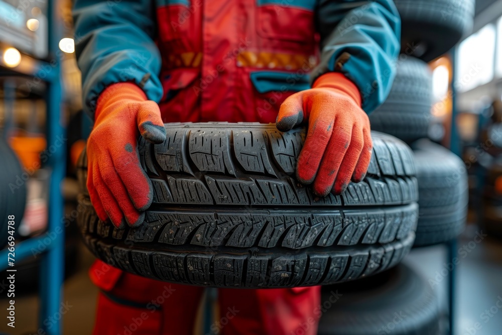Obraz premium A person wearing a red shirt sits on a chair while holding a tire, contemplating the road ahead