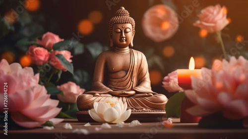 Concept statue Buddha with water lily or lotus flower, beautiful banner. Vesak day birthday, Buddhist lent. photo