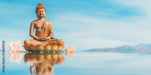Buddha statue meditate on harmony background with light bokeh. Banner Vesak day