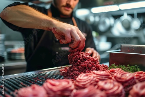 A man skillfully prepares succulent flesh over a blazing indoor grill, filling the air with mouth-watering aromas of cooked meat photo