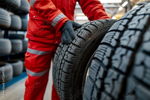 A rugged individual stands outdoors, grasping a tire with a bold red tread, representing the powerful combination of man and machine