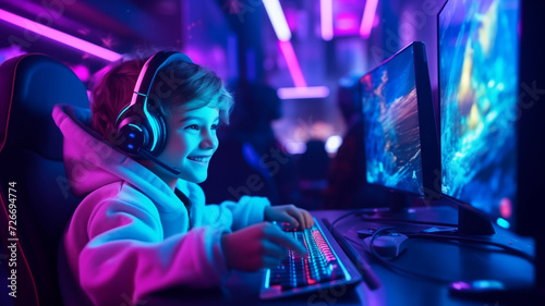 Happy child boy in headphone streamer, playing video game with winner expression at gaming room, neon color.