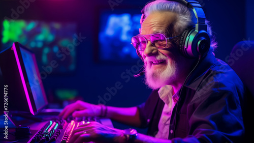 Streamer elder man in headphone playing video game, neon color.