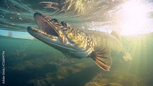 under water looking for prey Predatory fish pike in habitat. Sport fishing concept. photo