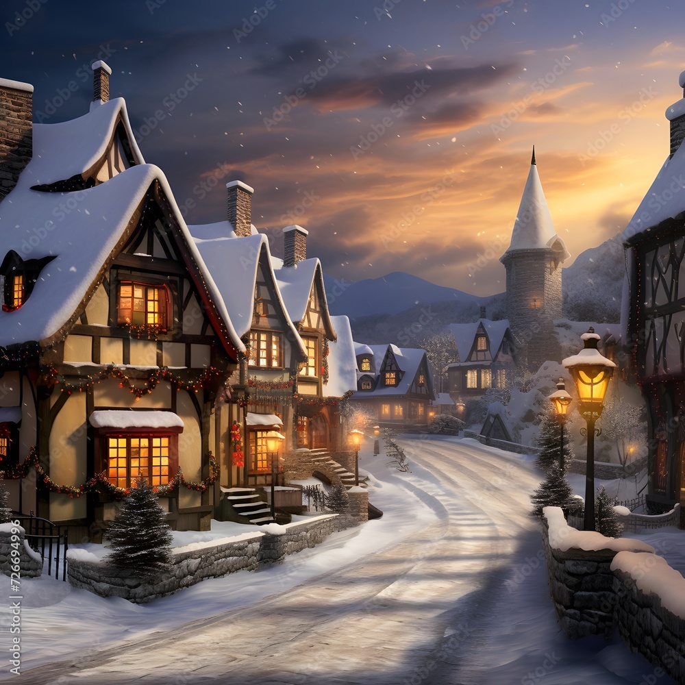 Winter night in a small village in the Carpathians, Ukraine - obrazy, fototapety, plakaty 