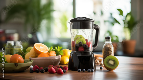 Panorama Blender filled with fresh fruits on kitchen counter, ready for healthy smoothie with sunlight. Concept banner health vegetarian diet.