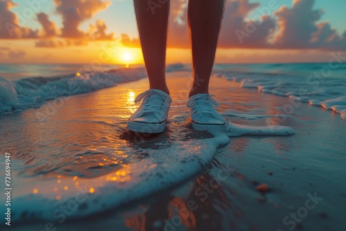 A lone figure stands on the beach at sunrise, their feet buried in the sand as they gaze out at the endless ocean, the sky painted with vibrant hues of pink and orange, a pair of worn-out flip flops  © LifeMedia