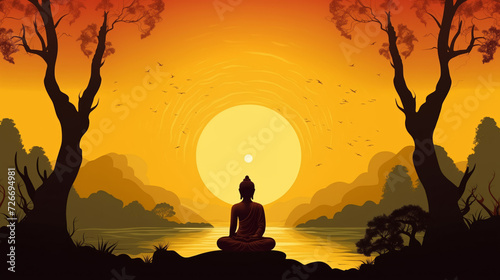 Serene Buddha silhouette against vibrant sunset  symbolizing peace and enlightenment