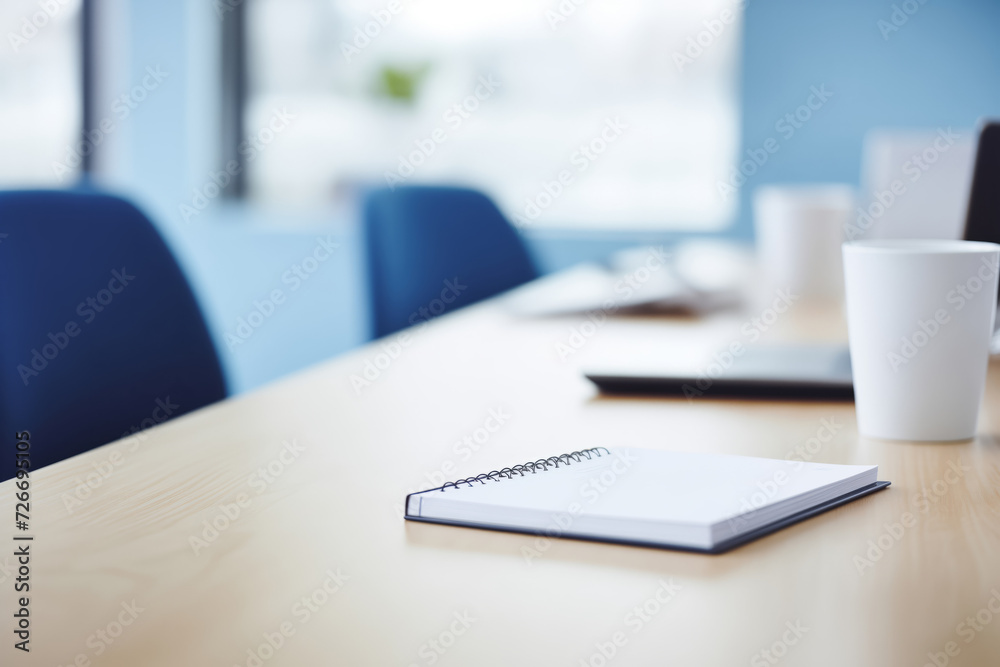Meeting for company banner, Open notebook with pen on polished boardroom table, empty office chairs behind blur background Meeting for company banner, Open notebook with pen on polished boardroom table, empty office chairs behind blur background