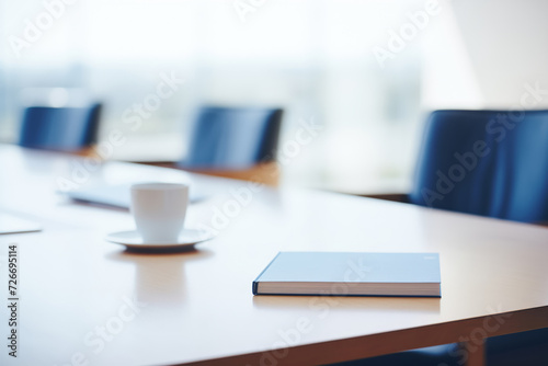 Closeup banner open notebook with pen on wooden conference table, office chairs in blur background.