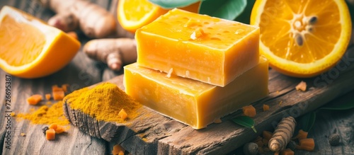 Organic soap with oranges and turmeric on a wooden background, representing eco-friendly aesthetics.