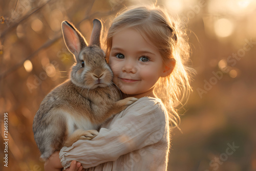 Cute little girl holding a bunny, rabbit in his arms, on spring garden background. Easter holiday concept. © AnaWein