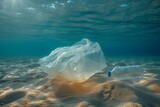 A discarded plastic bag and a bottle lay forgotten in the murky underwater depths, surrounded by the fluid aqua world of aquatic animals and graceful jellyfish, highlighting the devastating impact of