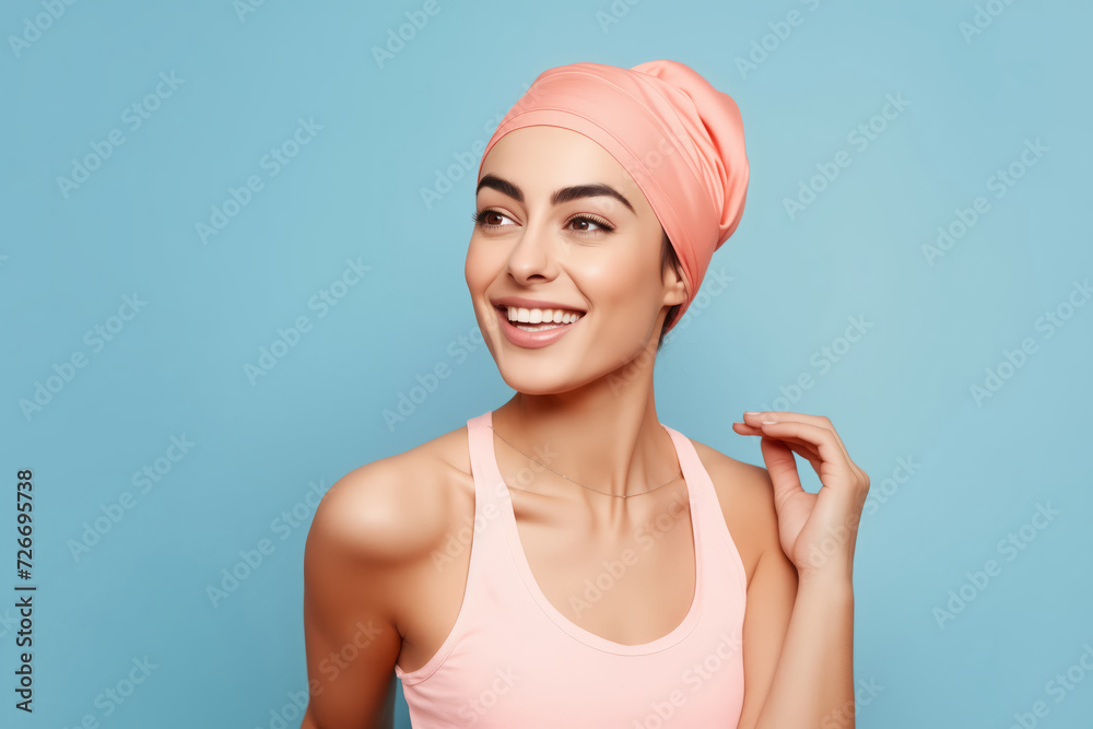 Muslim Iran Confident young woman with stylish headscarf and radiant smile against peach backdrop. Muslim Iran Confident young woman with stylish headscarf and radiant smile against peach backdrop.
