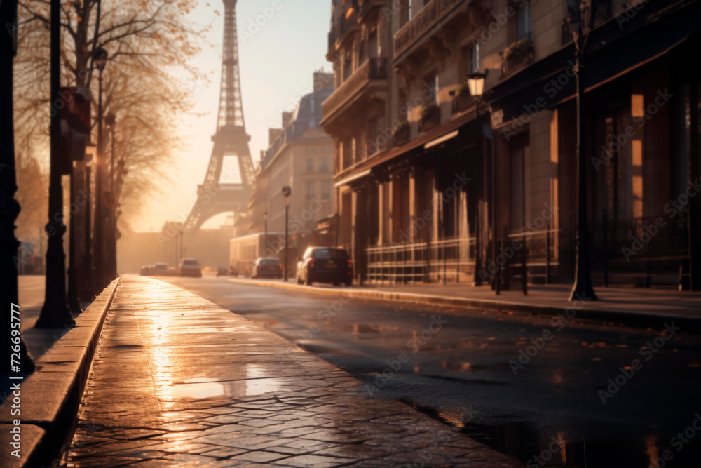 Paris under the first rays of morning sunlight, generative ai