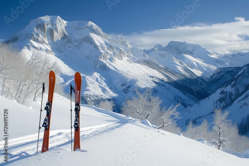 Amidst the vast alpine landscape, a pair of skis and poles rest against the snow-covered slope, beckoning the adventurous spirit to conquer the glacial terrain and reach the icy summit of the mountai photo