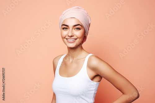 Muslim Iran Confident young woman with stylish headscarf and radiant smile against peach backdrop.