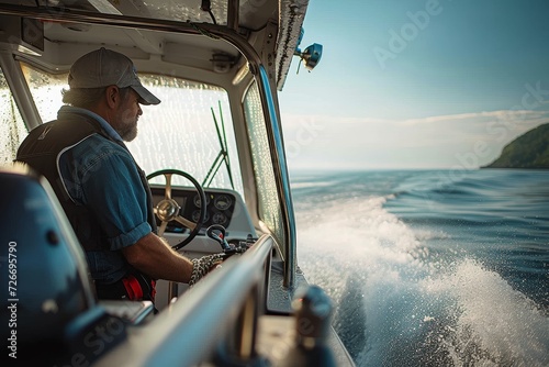 A rugged man braves the open waters, his clothing fluttering in the wind as he expertly pilots his boat through the endless expanse of the ocean
