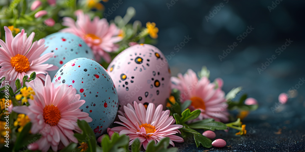 Easter banner with colorful eggs and gerbera daisy spring flowers on dark blue background. Easter holiday concept with traditional springtime decoration and copy space. Easter banner with colorful eggs and gerbera daisy spring flowers on dark blue background. Easter holiday concept with traditional springtime decoration and copy space.
