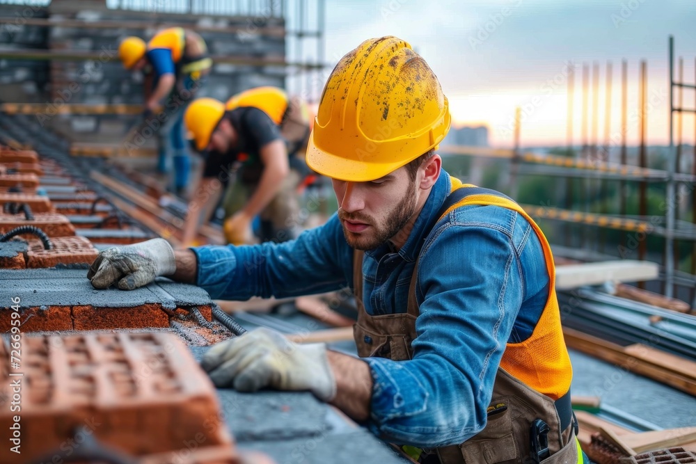 A dedicated blue-collar worker, donning a high-visibility hard hat and gloves, works diligently on a construction site under the vast sky, showcasing the perfect blend of practical workwear and engin