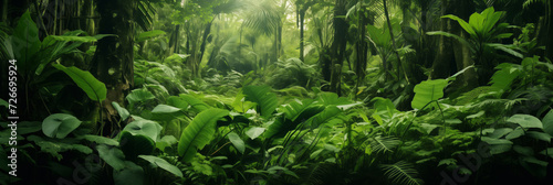 Sunlight filters through dense jungle  illuminating natural path. Panorama fantasy backdrop  Realistic nature rainforest.