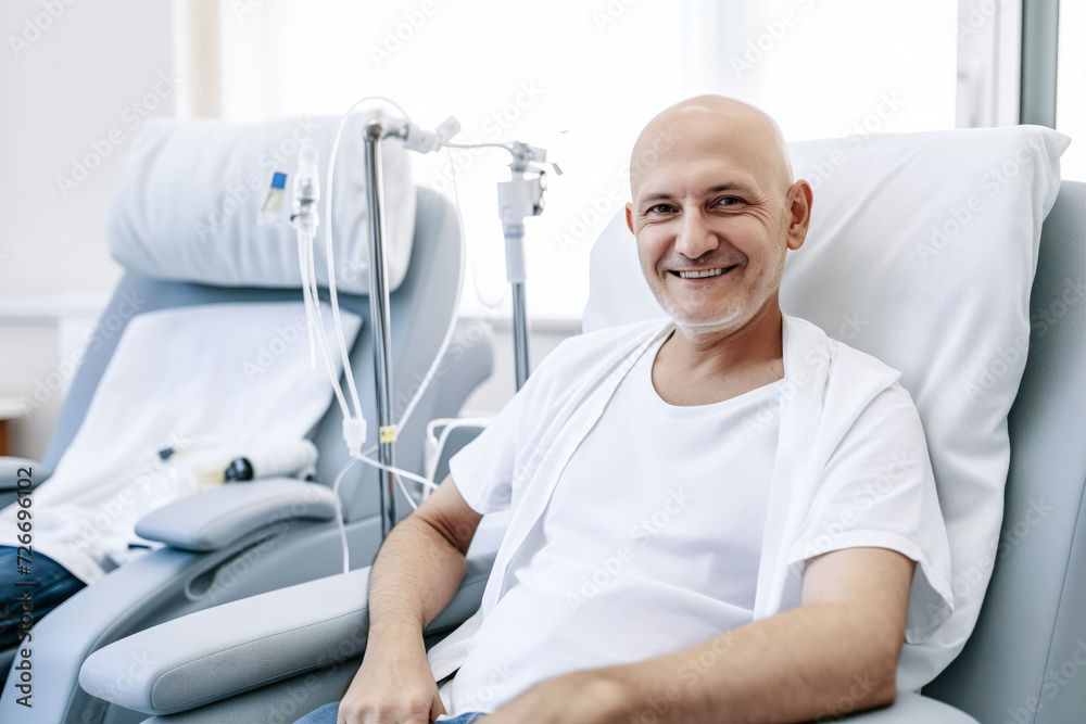 Obraz premium Cancer patient Bald man smiling in hospital bed, drip stand in background, conveying hope and positivity. Concept desire for life, treatment of fatal disease