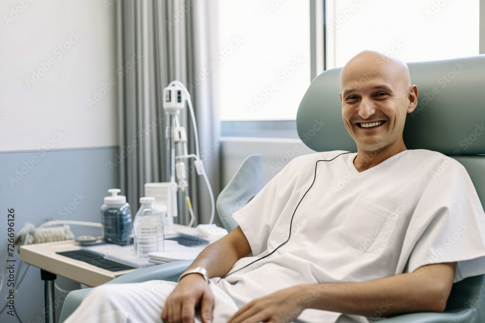 Fototapeta premium Concept desire for life, treatment of fatal disease. Cancer patient Bald man smiling in hospital bed, drip stand in background, conveying hope and positivity.