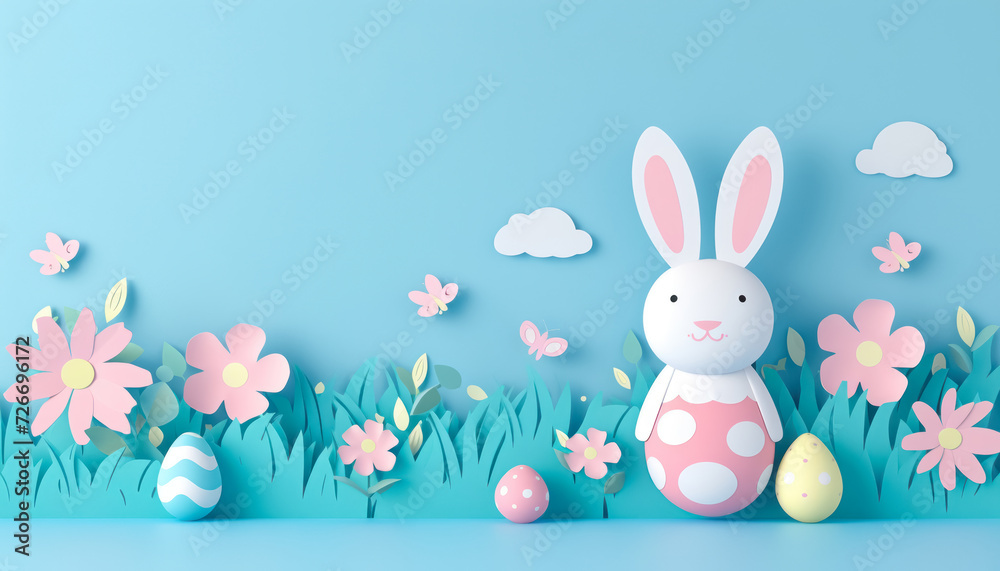 paper cut easter bunny and eggs in a spring meadow with flowers and butterflies paper cut easter bunny and eggs in a spring meadow with flowers and butterflies