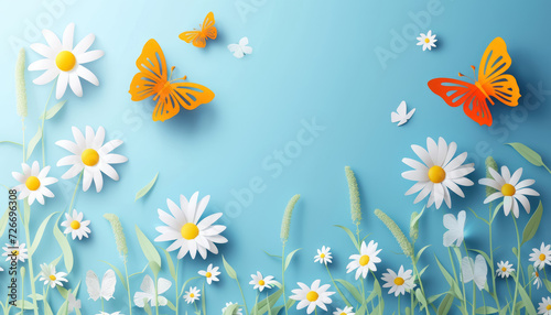 paper cut  of daisies and butterflies on a bright spring day background