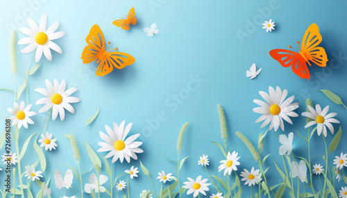 paper cut of daisies and butterflies on a bright spring day background