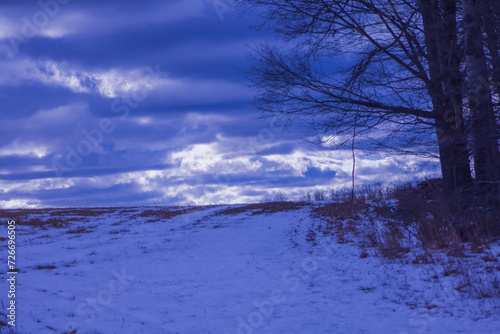 a snow covered field next to two trees with blue sky and clouds