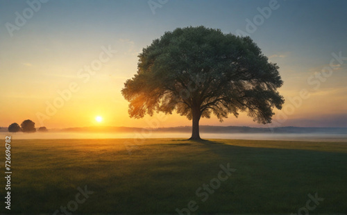 alone tree in the middle of a meadow at sunrise, Perfect composition, beautiful detailed , 8k photography, photorealistic , soft natural perfect light © Евгения Жигалкина