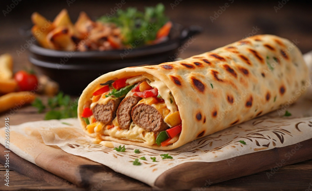Shawarma grilled sausage roll in lavash with vegetables, cream sauce and French fries on a wooden background.., Perfect composition, beautiful detailed , 8k photography, photorealistic , soft natural 