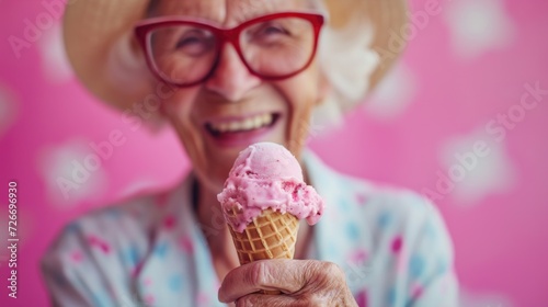 senior woman holds a flavored ice cream cone