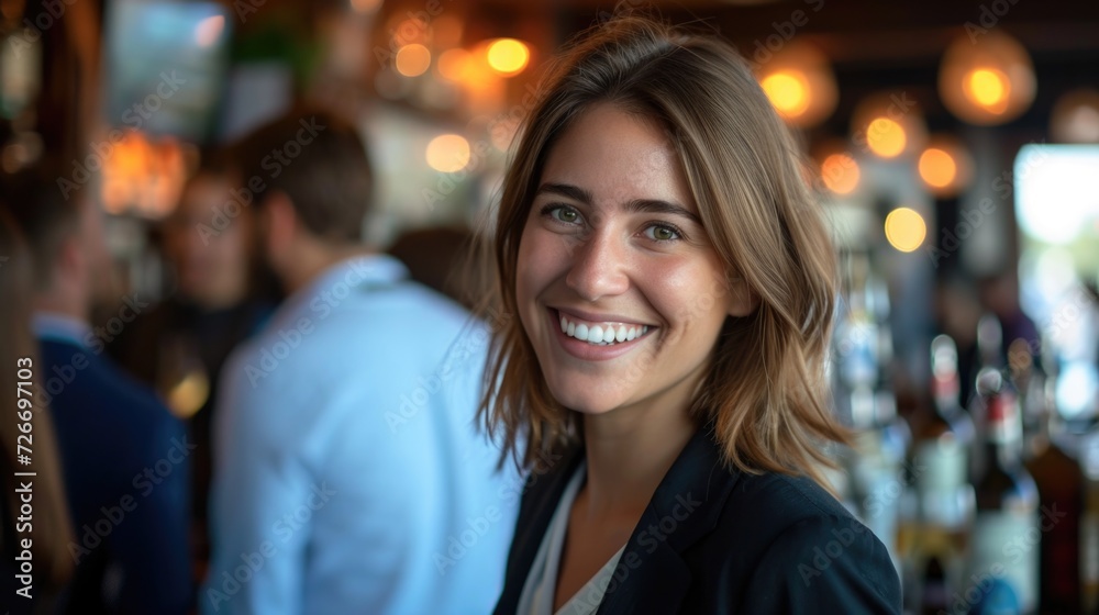 smiling happy young professional woman at an event, in the style of nautical charm smiling happy young professional woman at an event, in the style of nautical charm