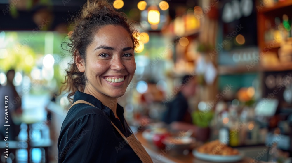 smiling businesswoman in an ice cream shop in a conference hall smiling businesswoman in an ice cream shop in a conference hall