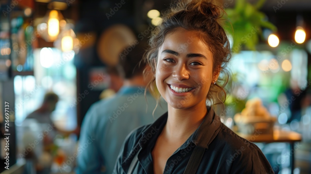 smiling businesswoman in an ice cream shop in a conference hall smiling businesswoman in an ice cream shop in a conference hall