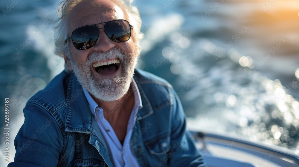 senior man with sunglasses and shades laughing riding a motor boat senior man with sunglasses and shades laughing riding a motor boat