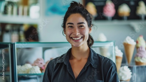 A businesswoman smiles in an ice cream shop within a conference hall, blending work and pleasure effortlessly.