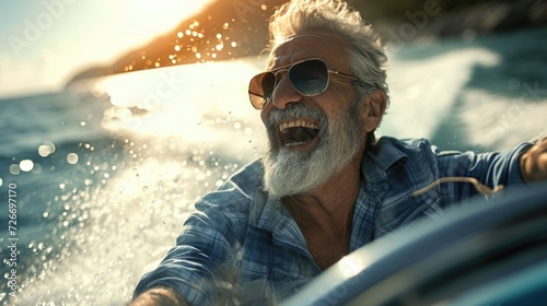 senior man with sunglasses and shades laughing riding a motor boat