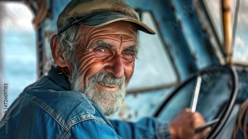 smiling elderly man driving a boat in the sea, in the style of refined aesthetic sensibility © Ivy