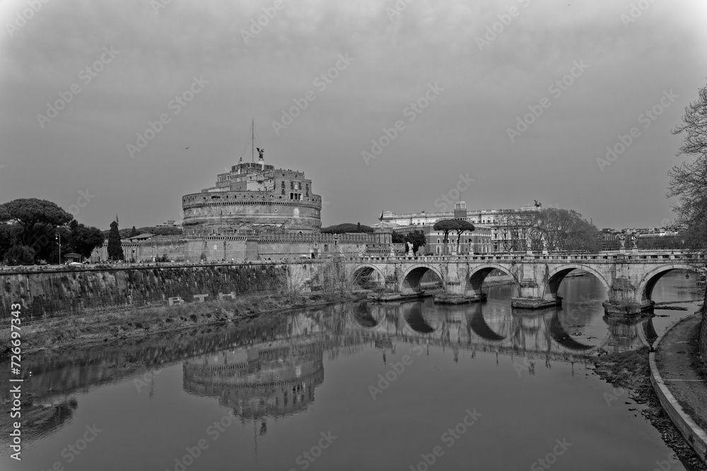  view of the city Europe. Panorama Travel Concept Castel Sant'Angelo Trevi Fountain Colosseum Spanish Steps Saint Peter's Basilica Castel Sant'Angelo Victor Emmanuel II Monument