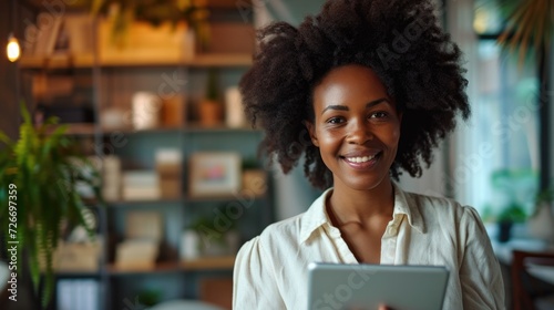 smiling African American woman using her tablet work image, in the style of pale palette, industrial chic