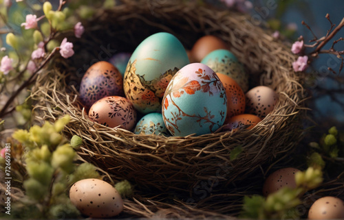 Easter eggs in the nest. Perfect composition, beautiful detailed , 8k photography, photorealistic , soft natural perfect light