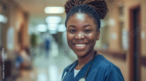 a nurse smiling in a hospital., in the style of vibrant colorism, dark navy and amber, black arts movement © Ivy